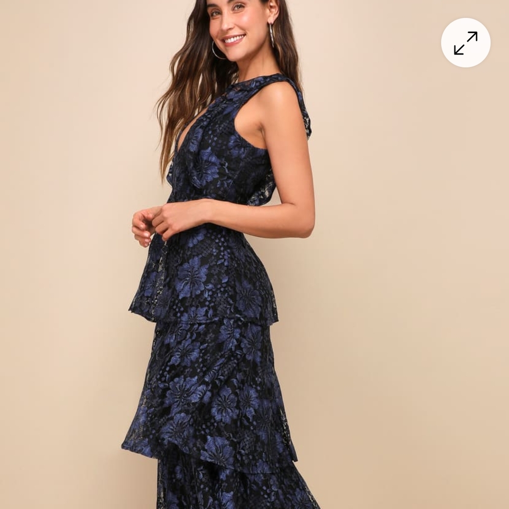 Lulu's Molinetto Navy Blue Lace Ruffled Tiered Sleeveless Maxi Dress